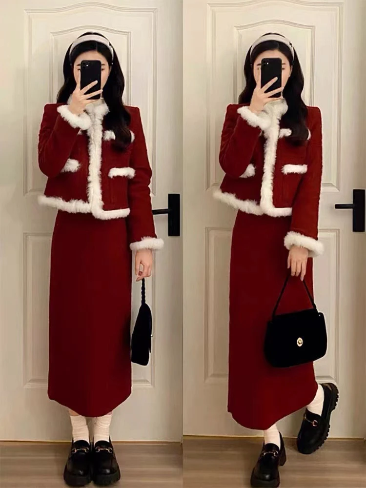 6126 新年战袍冬装高级感气质红色加棉两件套