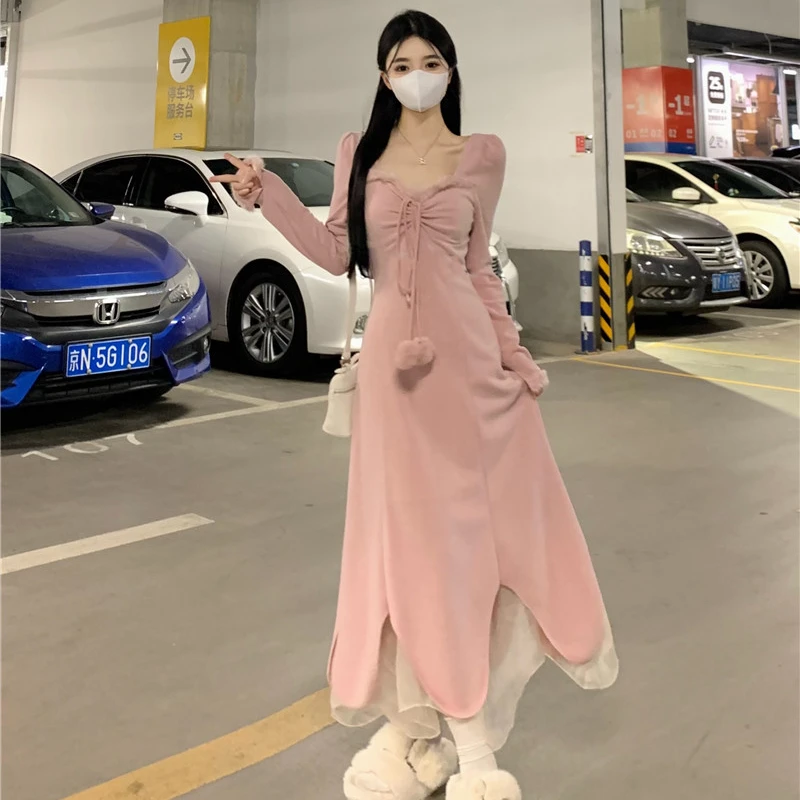 8880 粉雾绮梦 大码胖mm纯欲风气质长袖连衣裙