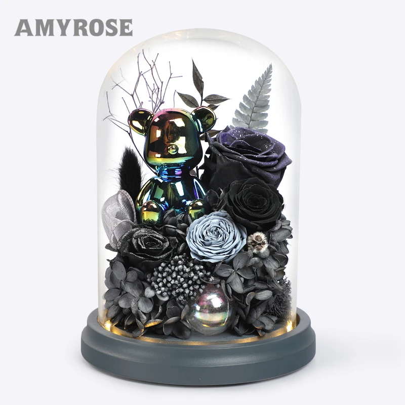 AMYROSE永生花玫瑰礼盒暴力熊摆件生日礼品520情人节礼物送女友