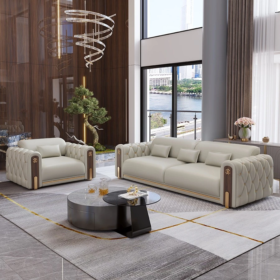 意式轻奢真皮沙发头层真皮客厅别墅样板美法式拉扣后现代高端组合