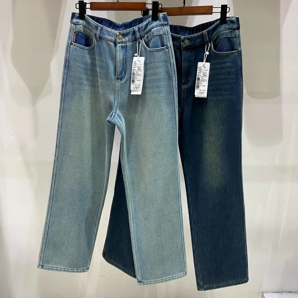 女士冬季6077女士加绒加厚窄版阔腿牛仔裤窄版直筒阔腿裤百搭