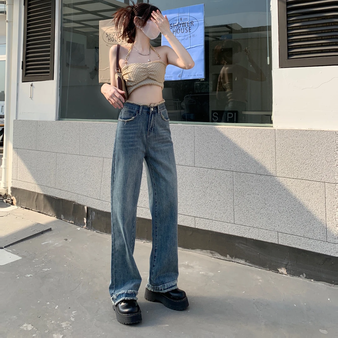 新款阔腿裤牛仔蓝色百搭窄版阔腿裤水洗垂感高腰微胖女生裤子1930