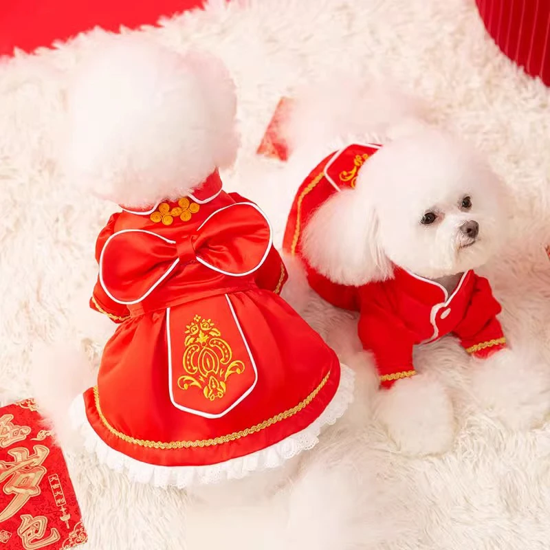 宠物狗新年大蝴蝶结新年棉衣裙加厚保暖秋冬衣服比熊小型幼犬0656