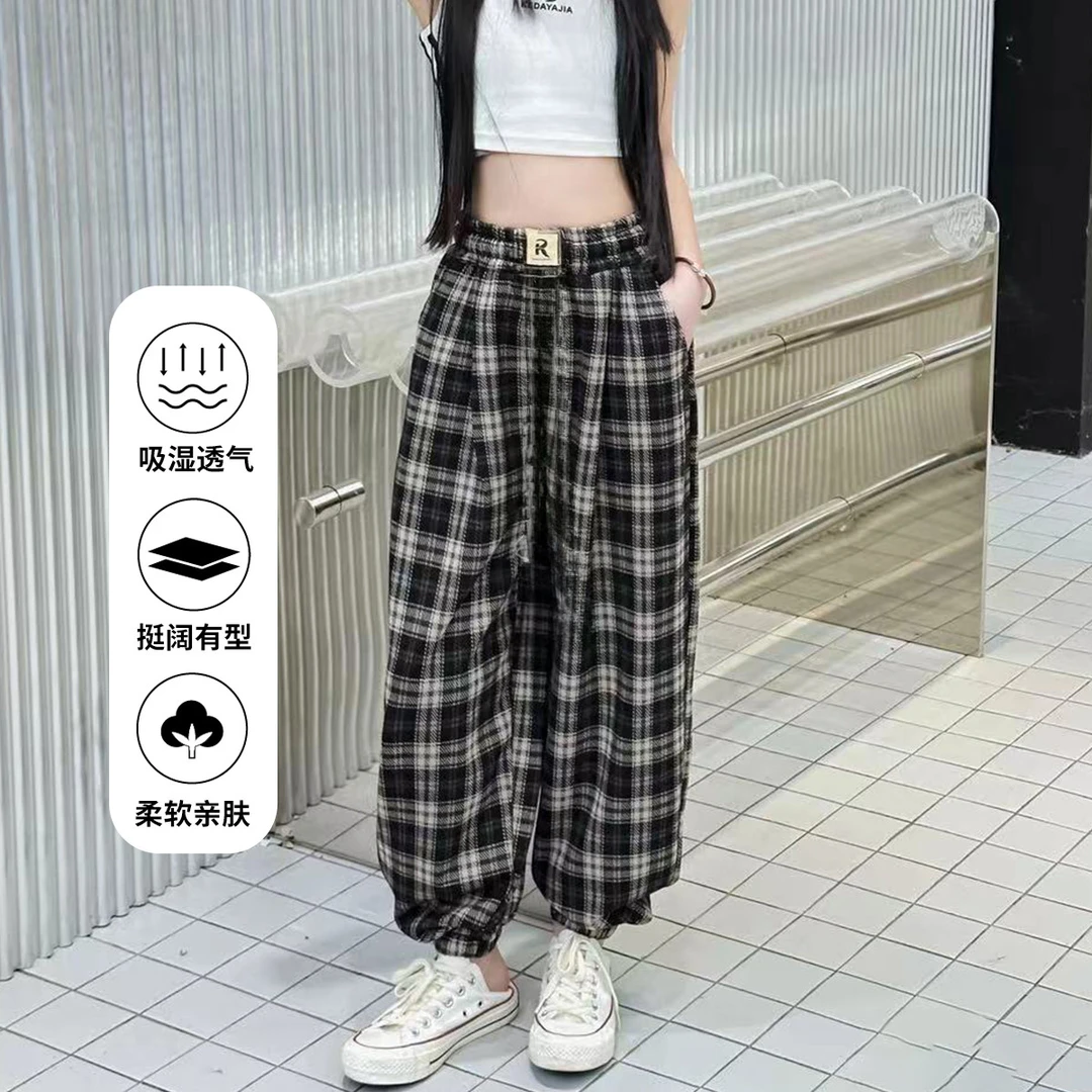 女童裤子春秋2025新款韩版运动中大童裤宽松格子休闲裤L510119
