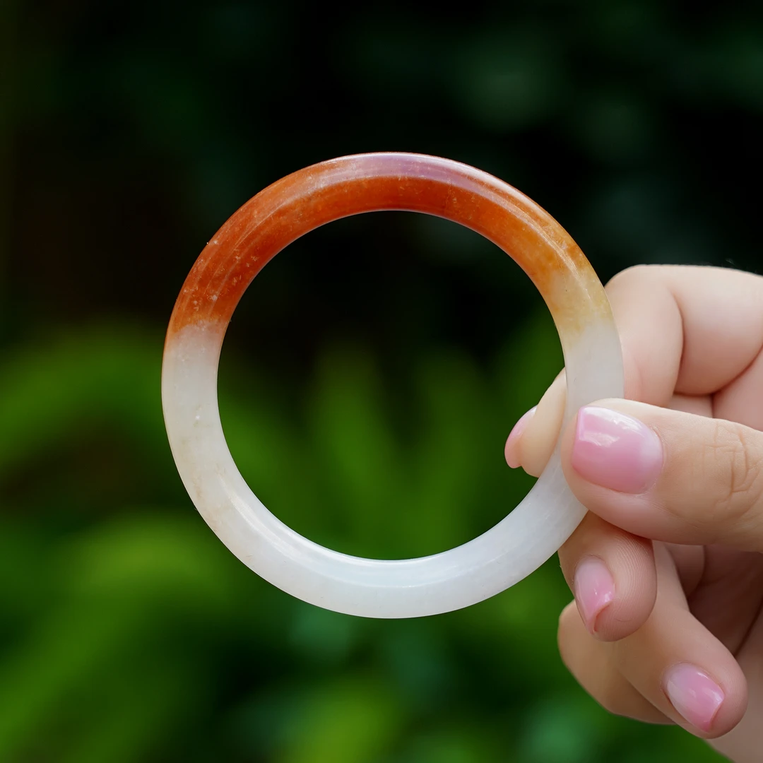 【红袖添香】57-58圈 清 稀有白底红翡翡翠老手镯 全品黄金圈口