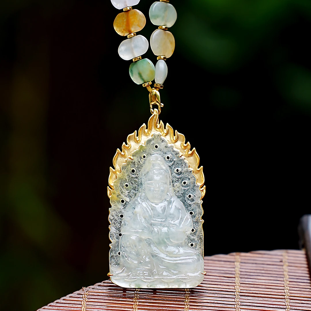 【清净·观音】清代冰透净瓶观音菩萨翡翠吊坠 18K金搭多彩翡翠扁珠