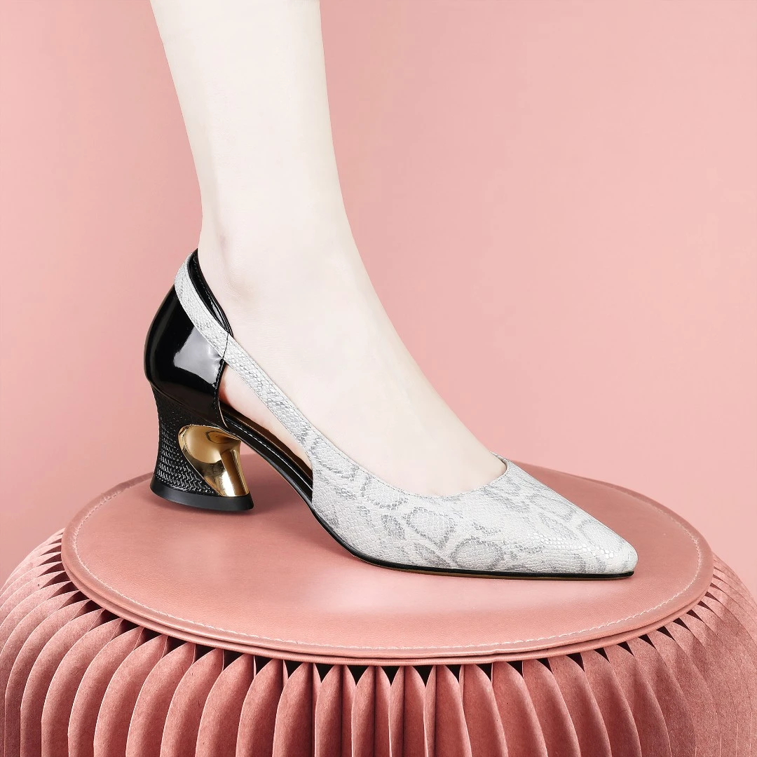 梵芮诗新款软底浅口尖头时尚拼色镂空平价百搭高跟粗跟单鞋-8227