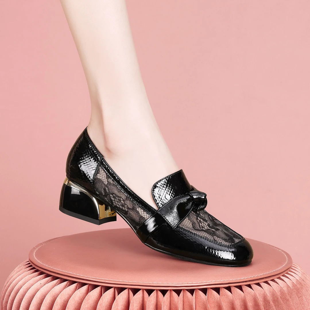 梵芮诗2024新款春夏季方头网纱透气优雅风时尚百搭粗跟单鞋-J1003