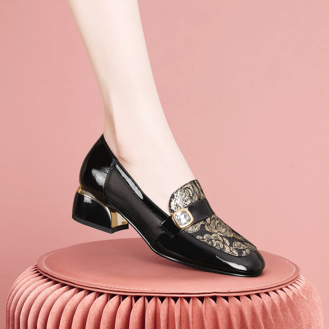 梵芮诗2024年新款春夏季方头网纱潮流休闲风手工粗跟女单鞋-Y1005