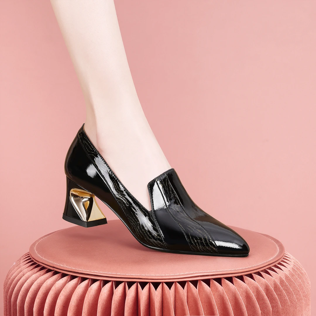 梵芮诗2024年新款尖头春夏季百搭气质拼色粗跟低跟女单鞋-J1026