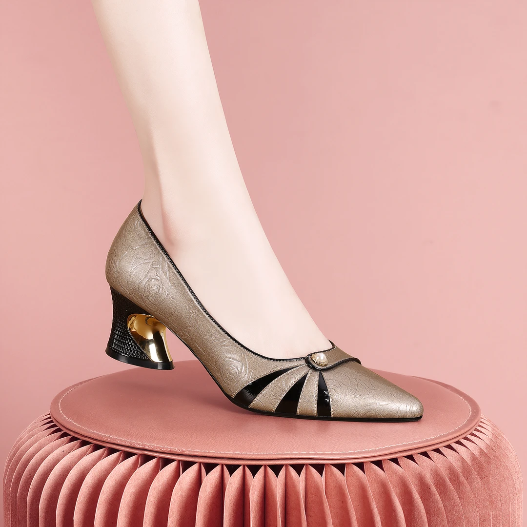 梵芮诗2024年春秋新款方头浅口时尚百搭手工低跟粗跟女单鞋-J1055