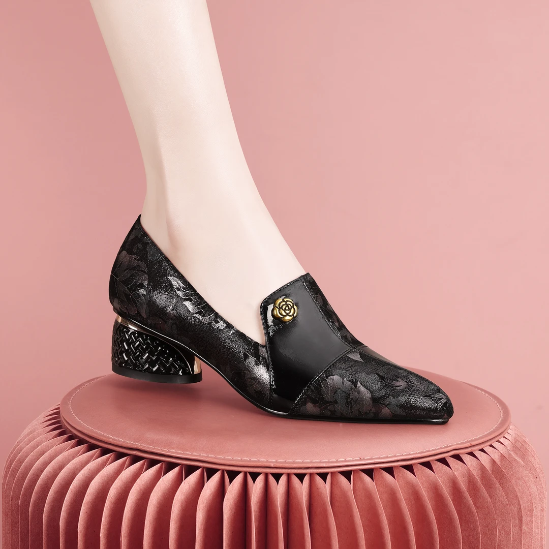 梵芮诗2024年新款秋季高级洋气气质拼色时尚粗跟女单鞋-J1093