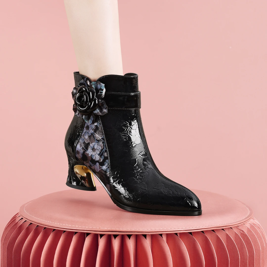 梵芮诗2024年新款秋冬时尚撞色原创手工个性百搭优雅短靴-J1142