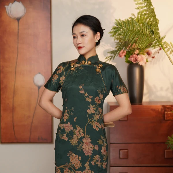 千帆旗袍 桃花山 40姆米重缎美龄襟香云纱旗袍 无省修身三分袖