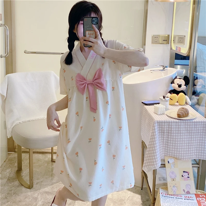 睡衣女公主风短袖宽松棉夏季日系清新款甜美少女生薄款裙子家居服