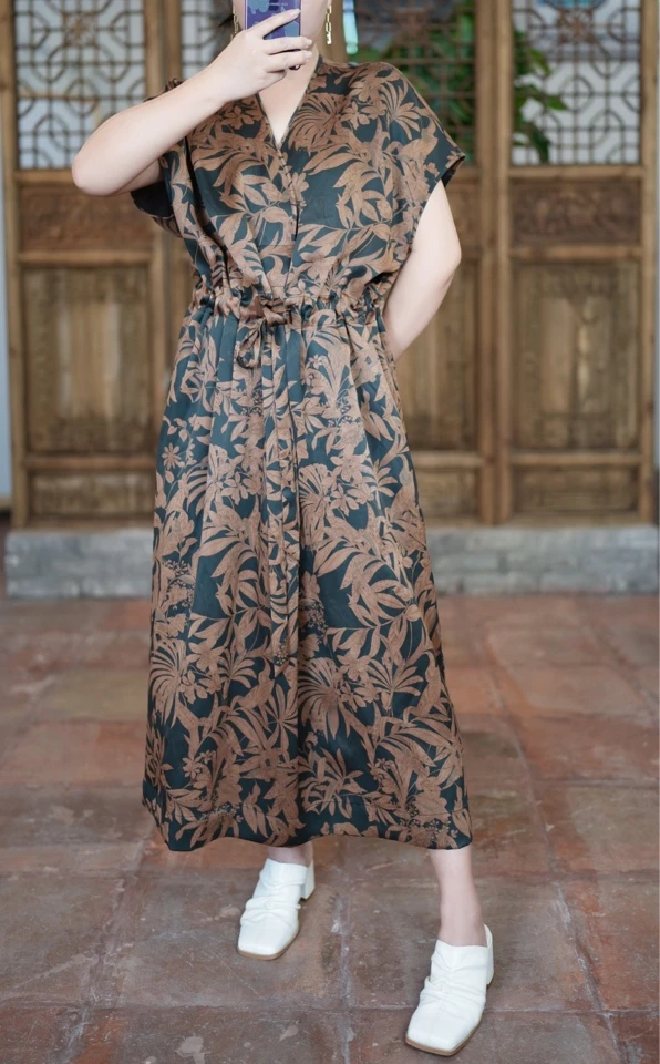 香云纱素绉缎宽松连衣裙显瘦休闲系带收腰（不支持7天无理由）0141