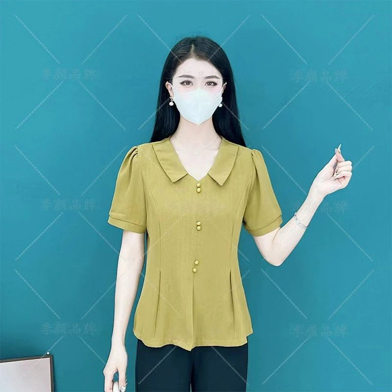 8827款娃娃领气质减龄显瘦小衫女收腰遮肚衬衫衣长58cm