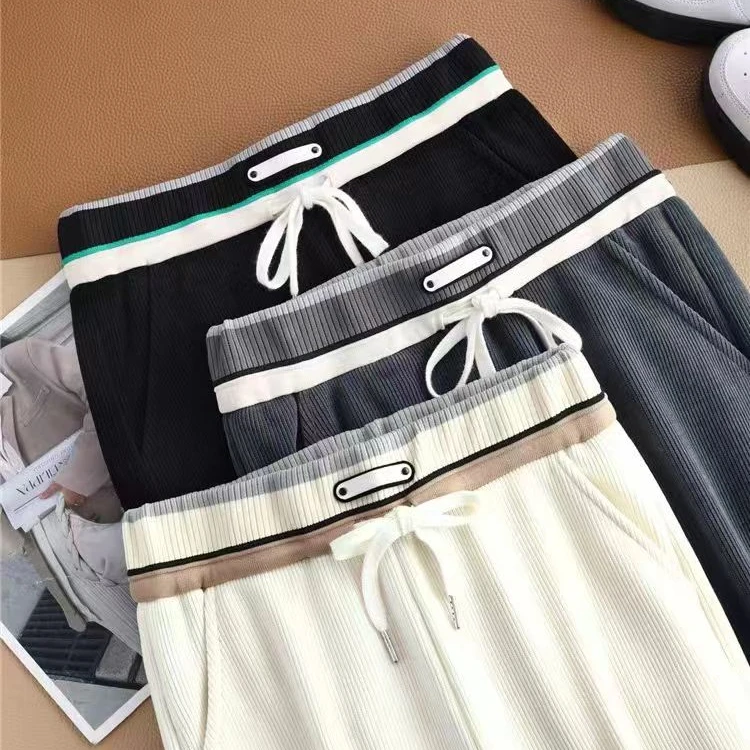 欧棉绒窄版阔腿裤女春秋直筒裤时尚休闲透气小个子裤长95-常规100