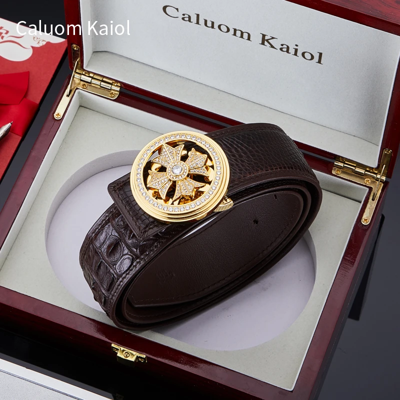 Caluom Kaiol正品男士真鳄鱼皮皮带平滑扣不锈钢扣头时尚百搭腰带