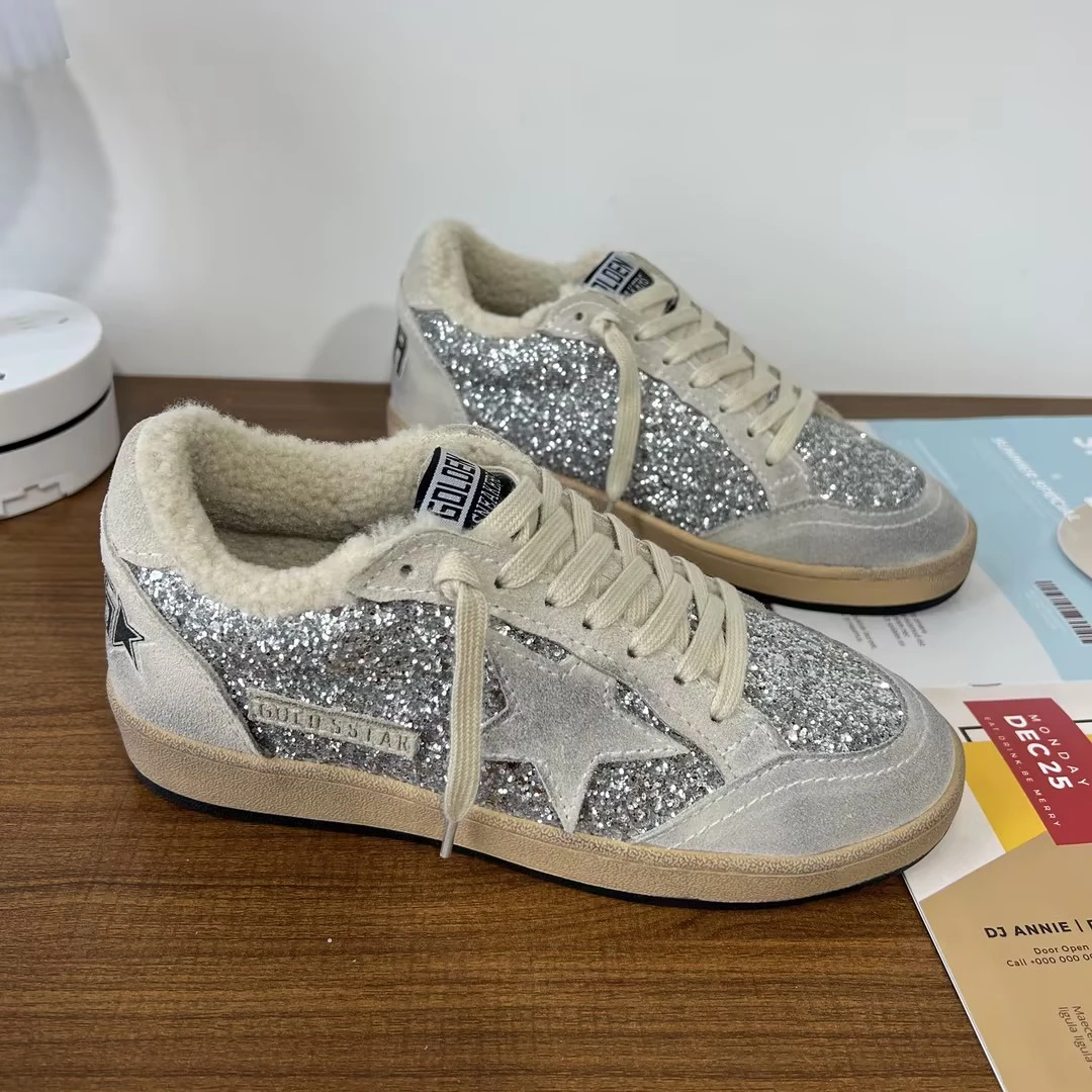 东大门加绒鞋女2024复古冬款亮片星星二棉保暖脏脏鞋百搭棉鞋增高