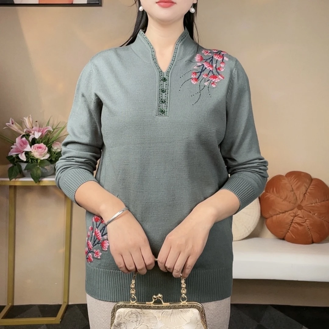 立领毛衣女秋冬季2024新款妈妈秋装修身针织针织衫长袖中老年女装