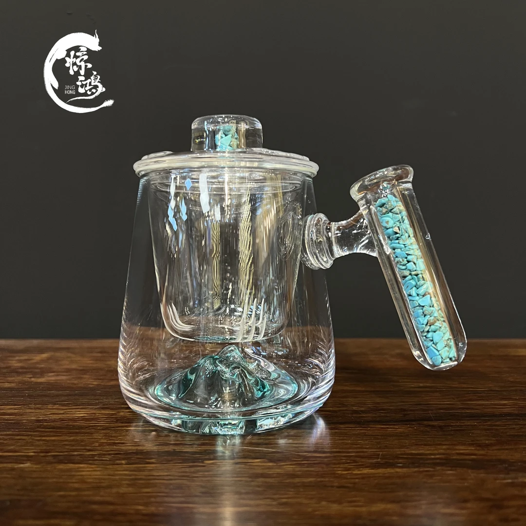 意大利Rolando松石绿水晶玻璃假山马克杯透明耐热家用带盖办公杯