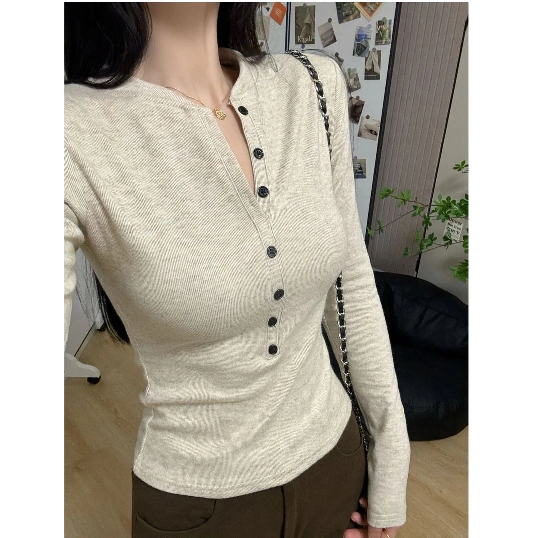 美式辣妹心机半开领长袖T恤女ins修身纯欲上衣秋冬加绒内搭打底衫