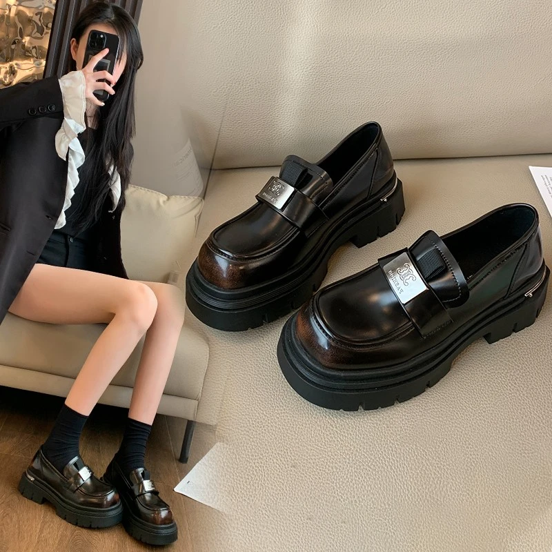 [工厂质保]蓝珍珠圆头乐福鞋夏天英伦风小个子乐福鞋厚底小皮鞋女