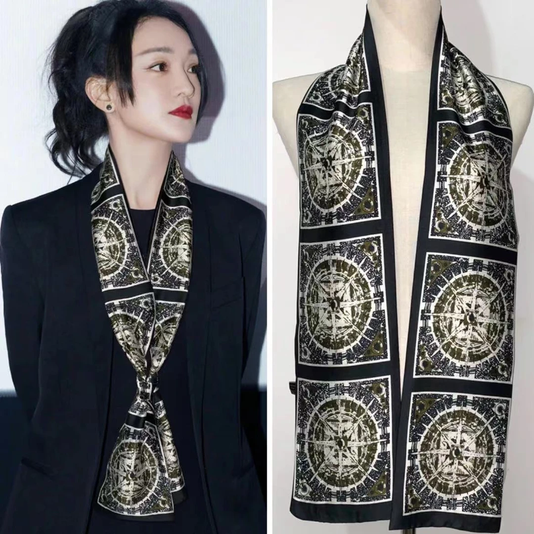 C424【八芒星】明星同款气质丝巾高档丝长条双面双层小领巾女小飘带