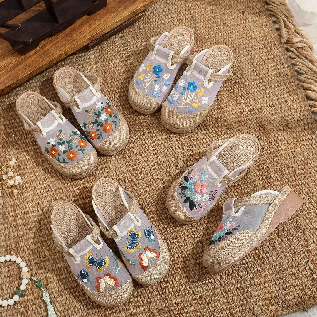 半拖款【蝶花】欧根纱亚麻国风增高绣花手工百搭汉服鞋欧根纱网面鞋