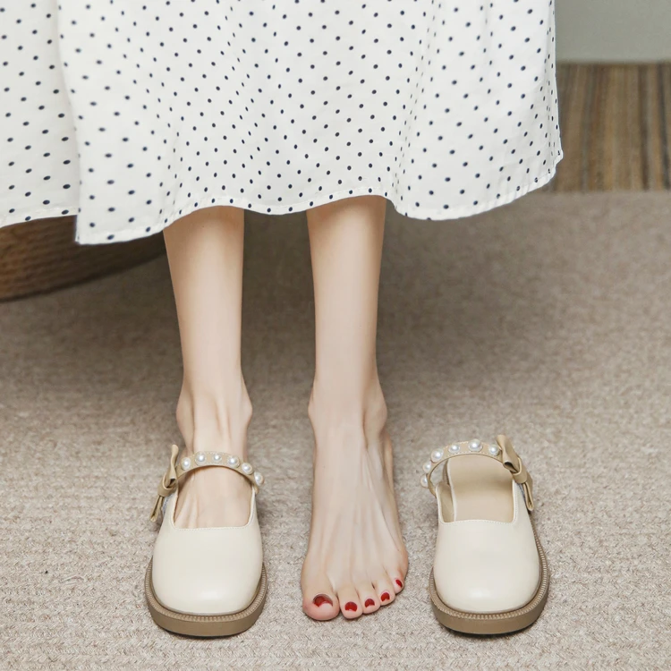 配裙子法式单鞋女2024夏季新款包头法式鞋春夏软底蝴蝶结珍珠凉鞋