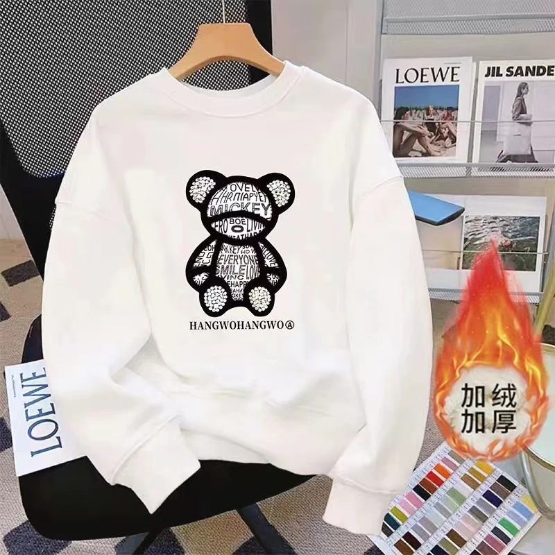 黑色小熊纯棉2024年新男女同款秋冬情侣宽松圆领百搭加绒卫衣潮流