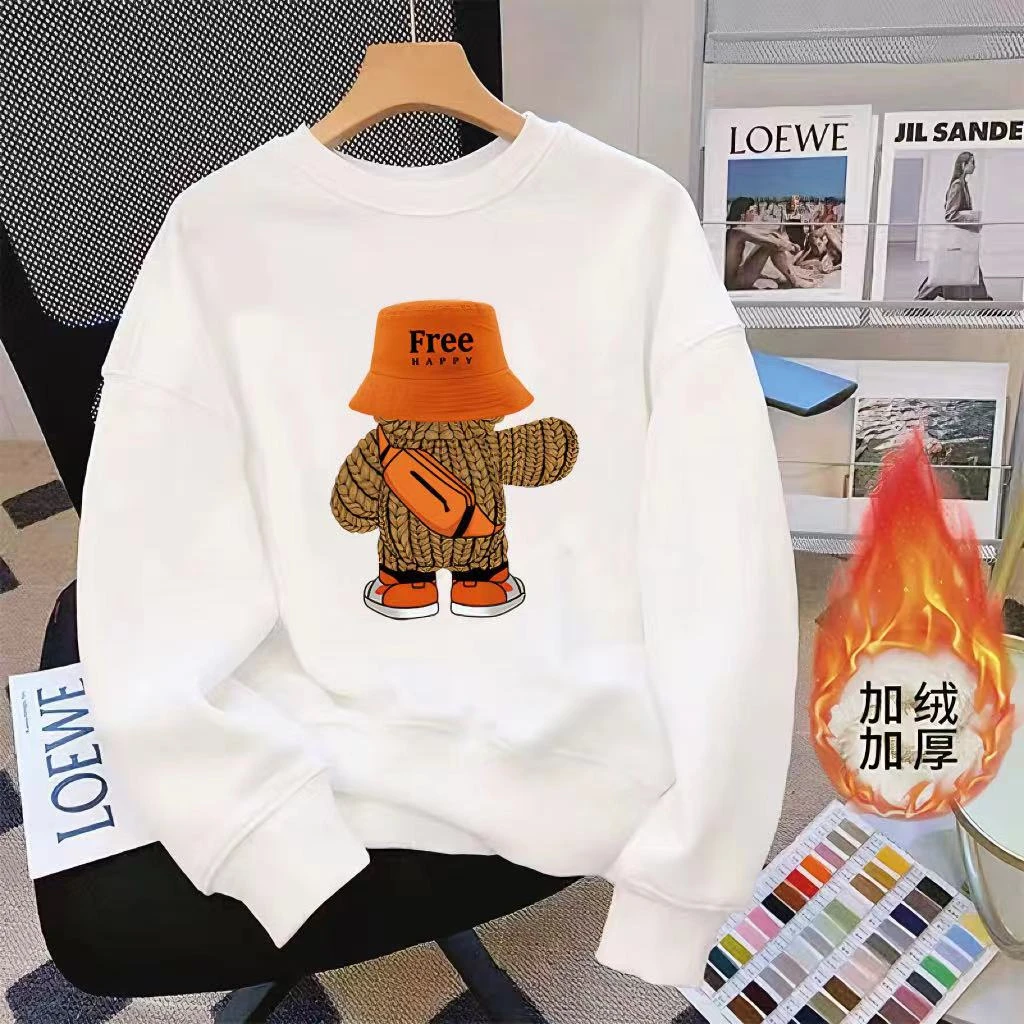 背影小熊  2023年新款加绒加厚重磅纯棉男女同款宽松保暖圆领卫衣