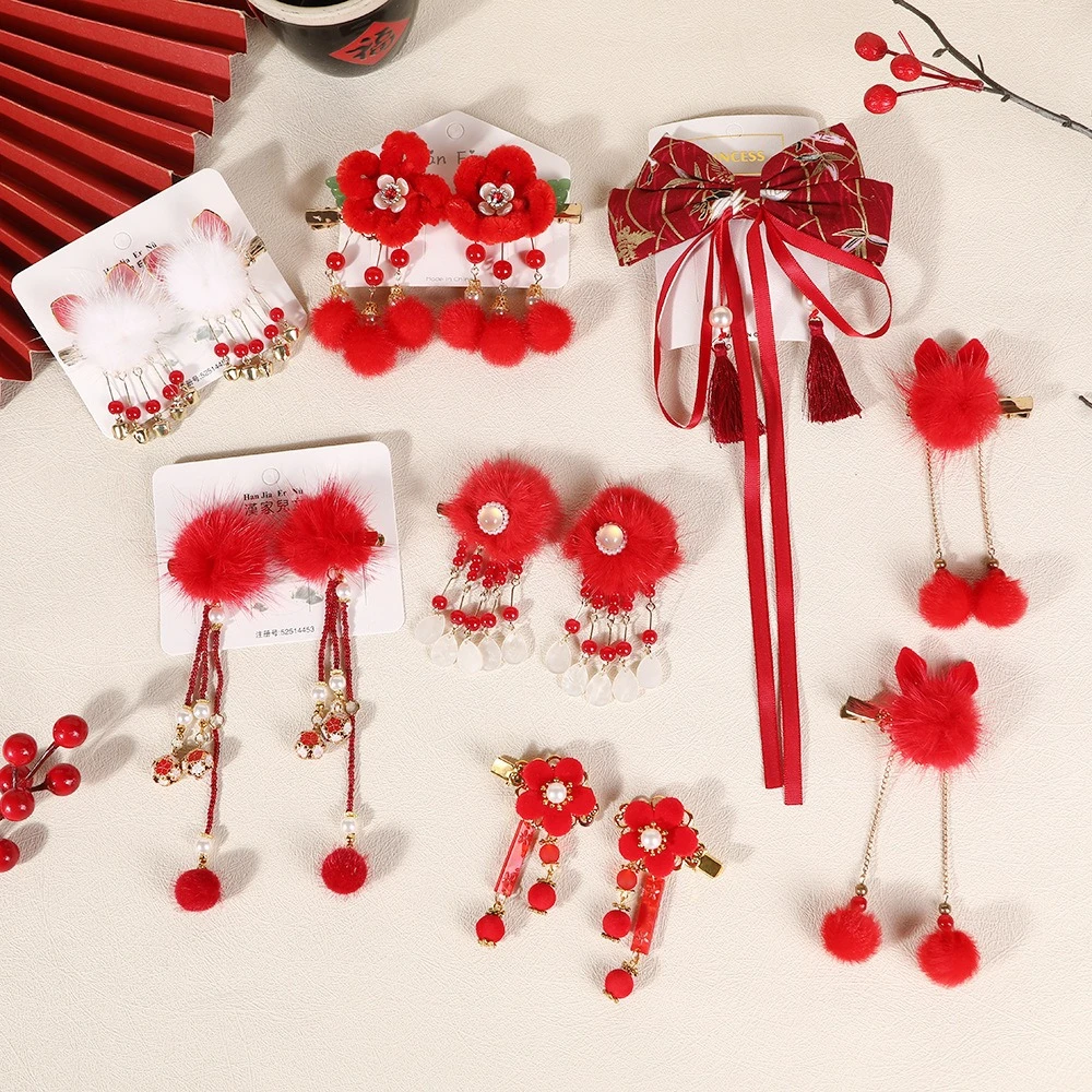 红色流苏发夹夹子儿童汉服古风蝴蝶结发卡女童宝宝拜年喜庆一字夹