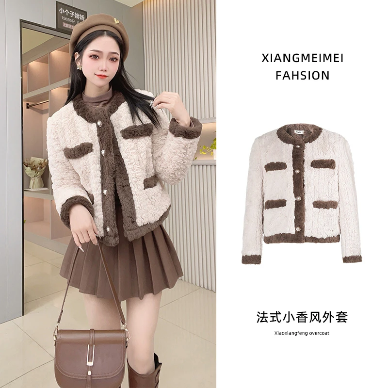 羔毛外套女秋冬加厚2023新短款小香风毛毛复古宽松夹棉毛绒上衣