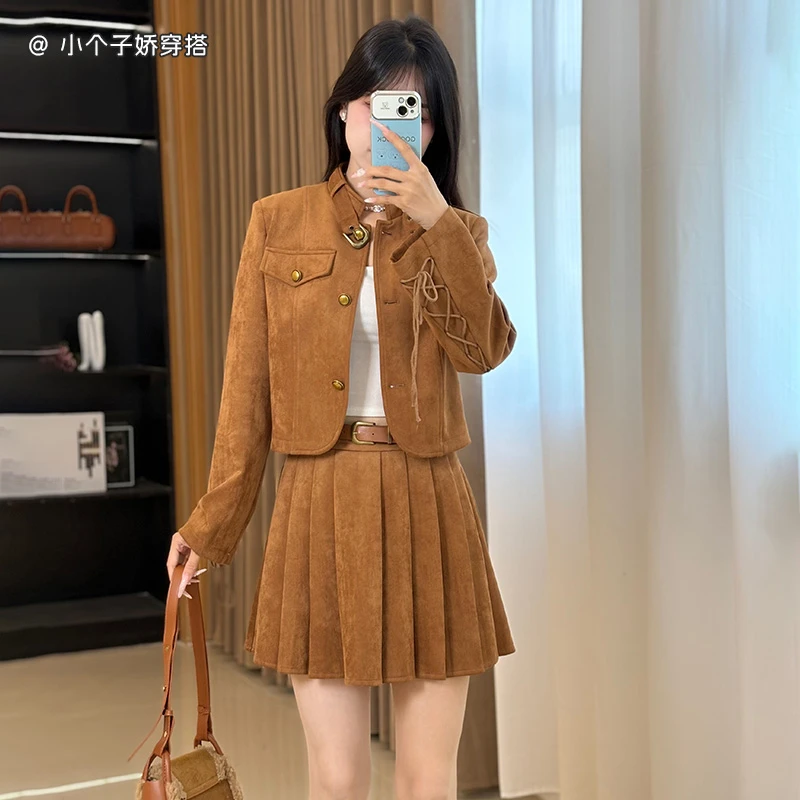 麂皮绒小香风套装裙女2024秋季女装时尚减龄小个子洋气裤飒三件套