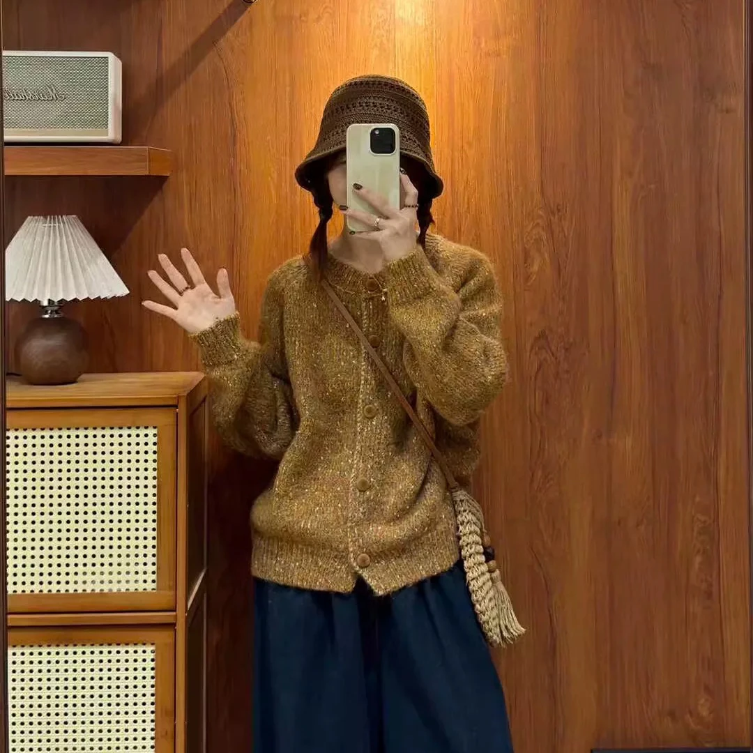 粉色甜美小香风韩系软糯彩纱针织开衫毛衣外套女秋冬新款上衣