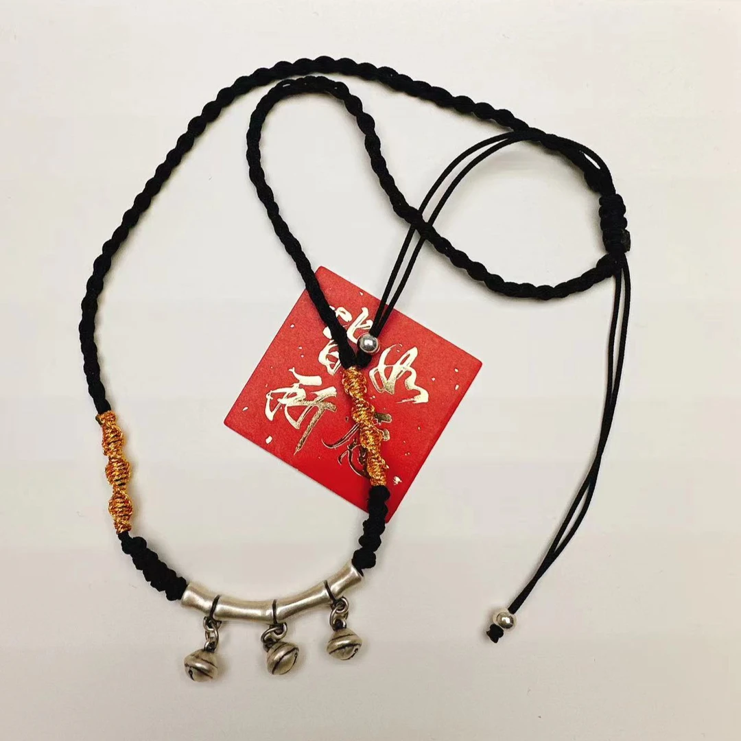 吊坠足银 999足银竹节弯管铃铛挂件国风女款项链编织锁骨链坠链