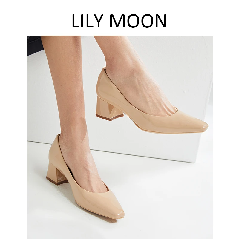 Lilymoon牛漆皮粗跟运动鞋垫高跟鞋气质舒适时尚百搭通勤低跟法式