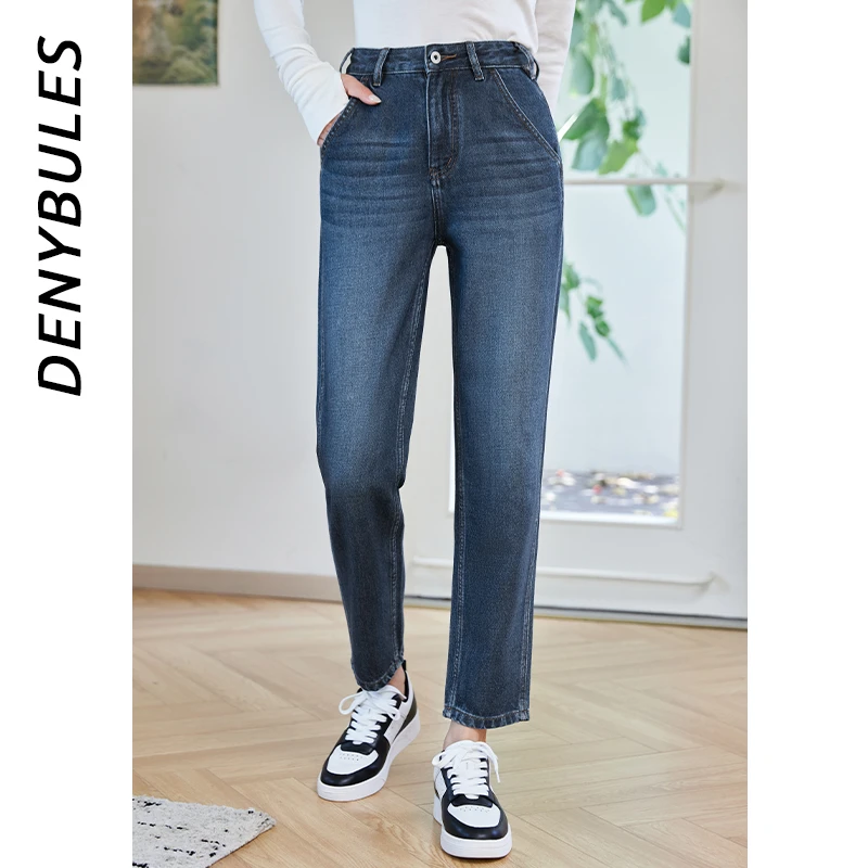 DENYBULES 弹力直筒微胖女生显瘦高腰柔宝宝老爹牛仔裤薄款宽松