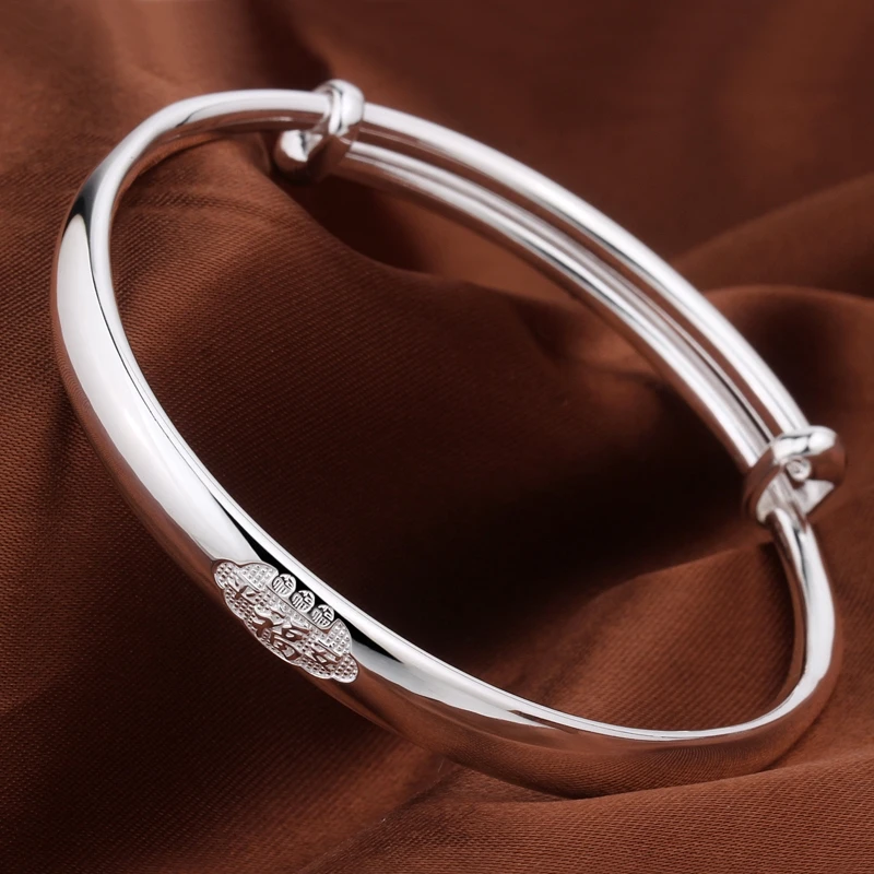 足银手镯 足银999.9平安福实心推拉手镯经典简约可调节镯子约31克