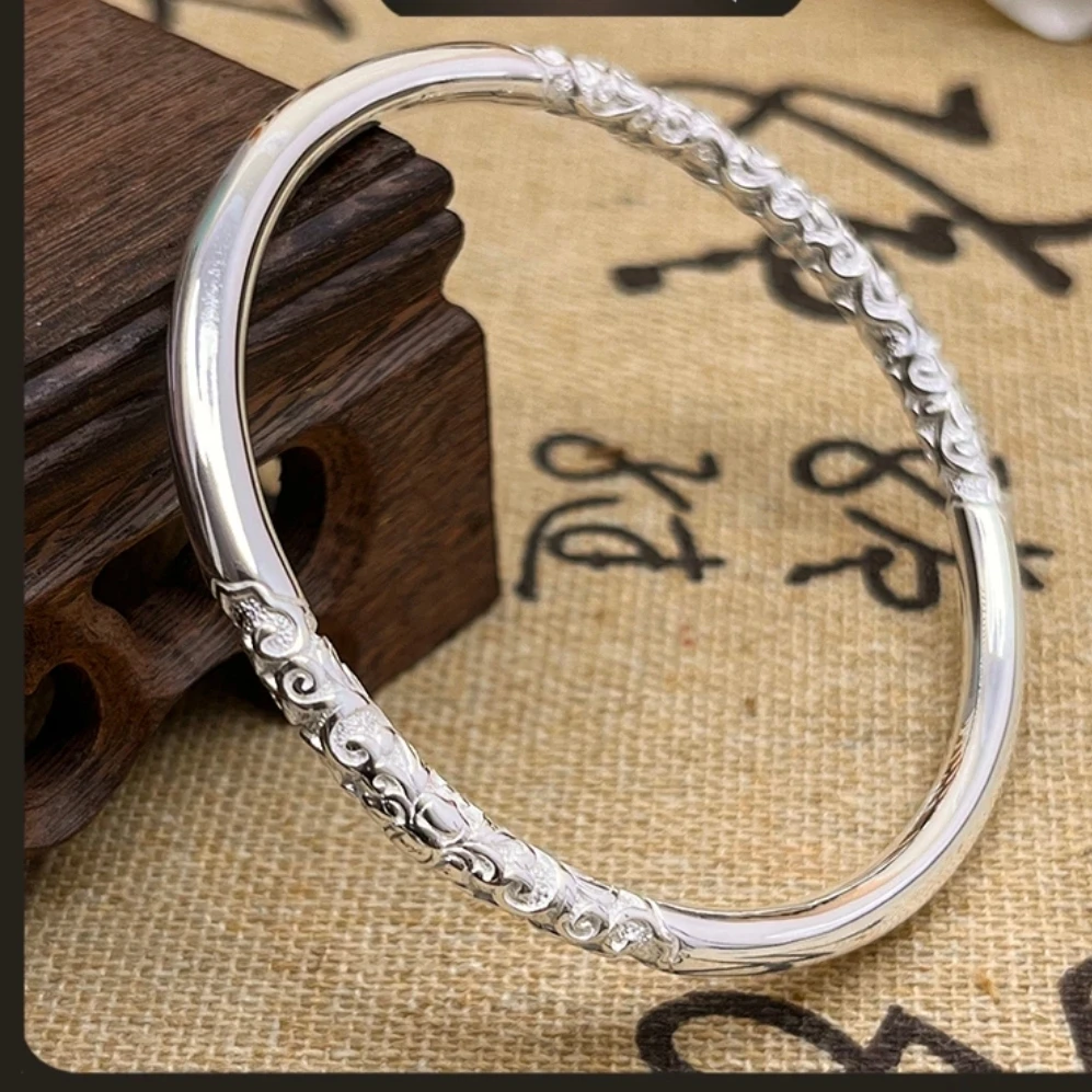 足银手镯 足银9999纯银镯子卷草纹手镯女款时尚经典气质实心手镯