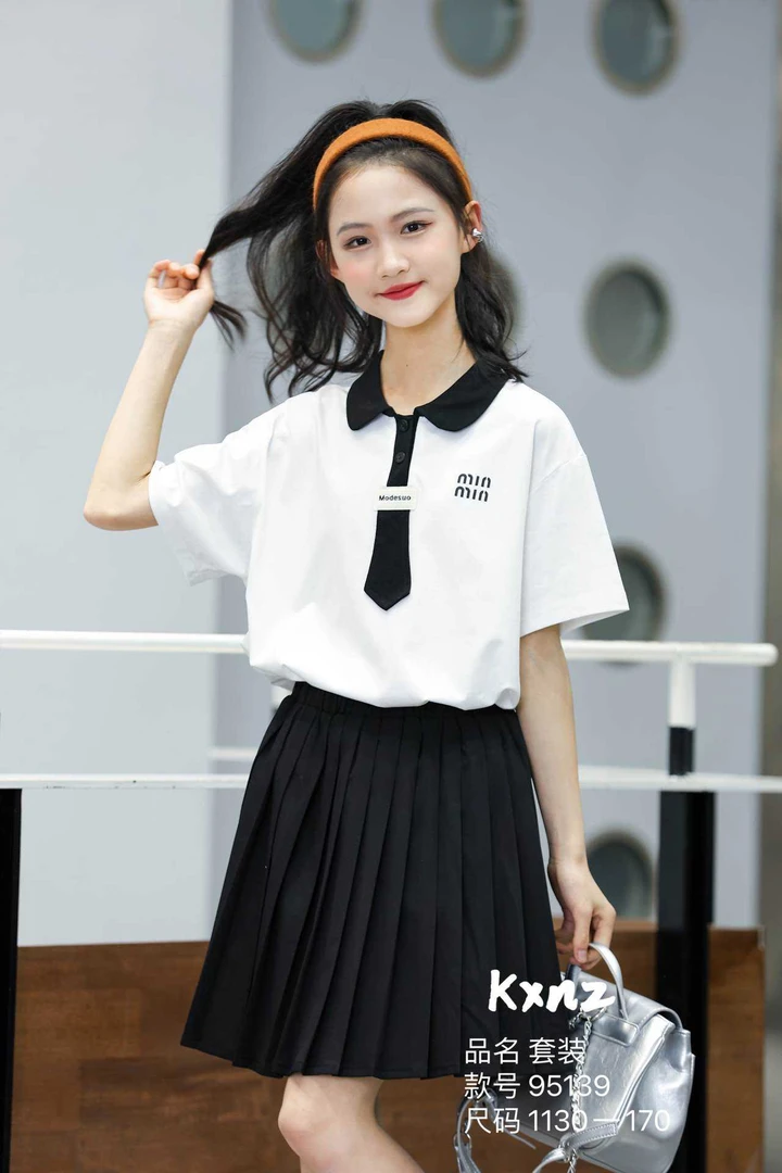 2023夏季学院风套裙女童翻领百褶中大童百搭