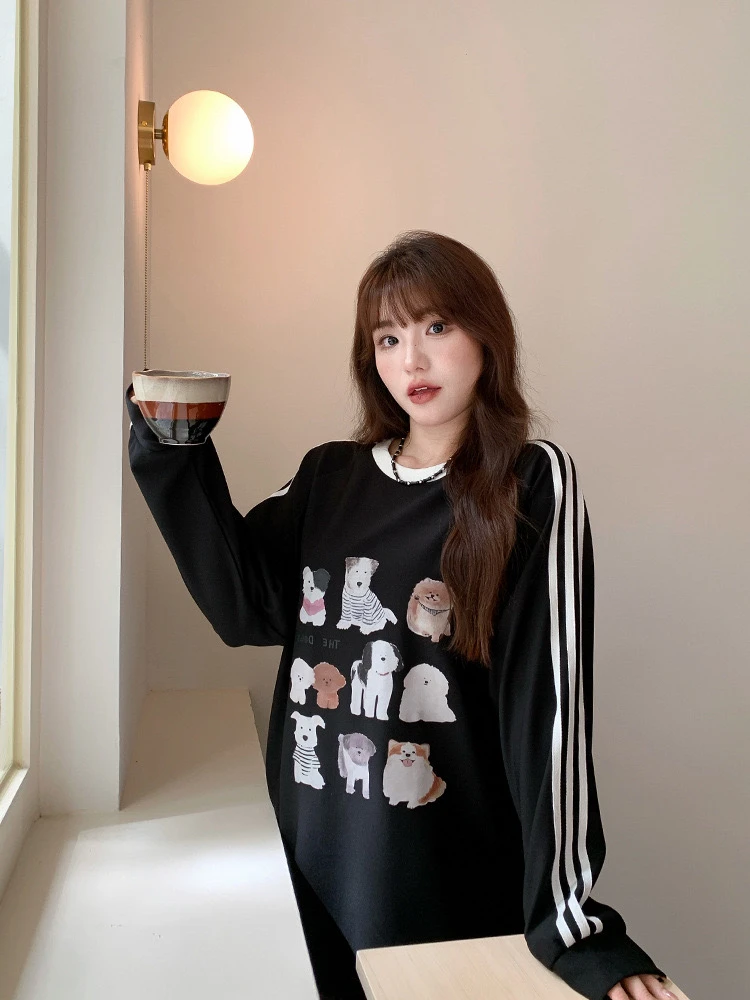 团子微胖定制TUANZ韩版可爱猫狗大队圆领卫衣条纹宽松显瘦65061