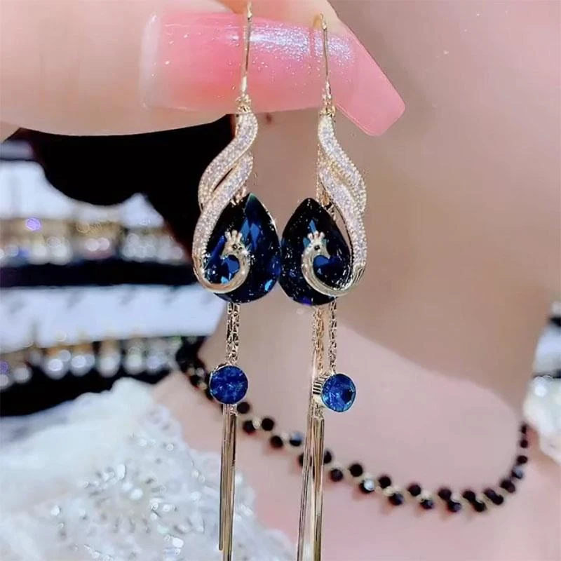 925银耳饰 波西米亚水晶流苏耳线女轻奢孔雀耳环小众气质蓝色耳坠