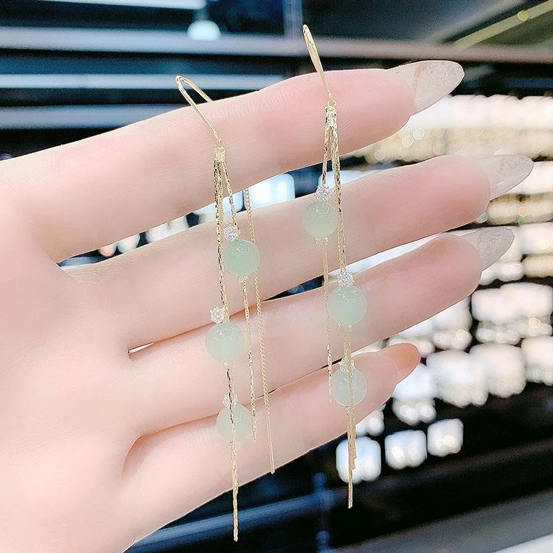 925银耳饰 2024新款果绿色猫眼石小众耳环气质百搭耳线流苏轻奢耳