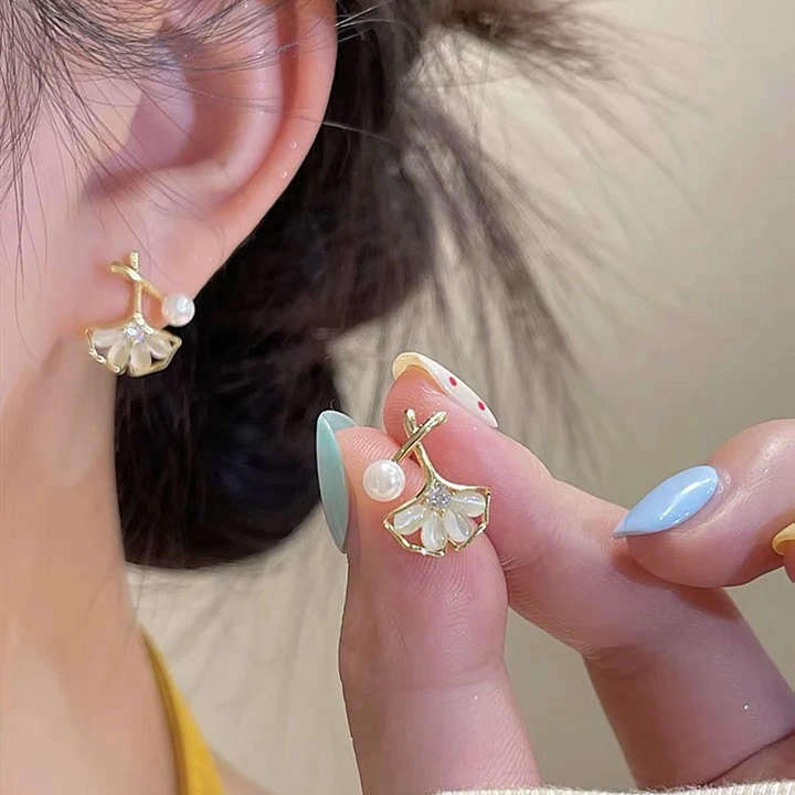 925银耳饰 微美防过敏925银针猫猫石银杏叶耳钉女小众纯银珠珠耳