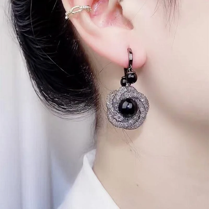 925银耳饰 网状黑色花朵耳扣耳环小众设计感高级冷性风新款耳饰20