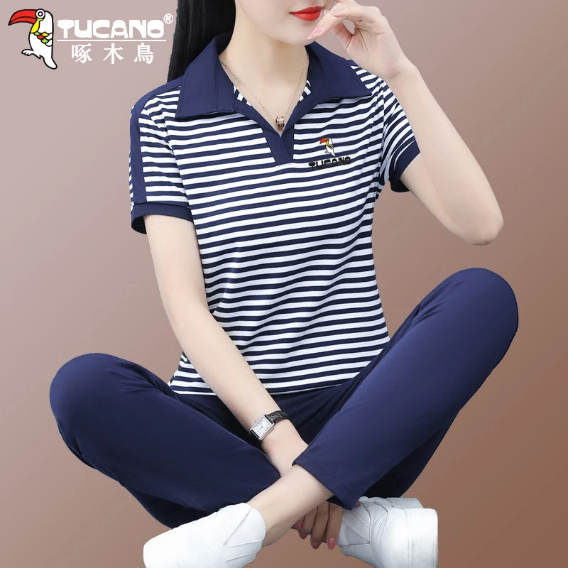 【官方】啄木鸟纯棉休闲运动套装女夏季宽松条纹时尚洋气短袖两件套