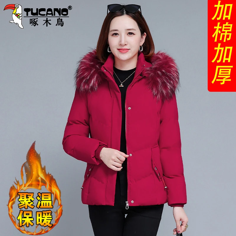 【官方】啄木鸟女士冬季新款洋气加绒加厚棉服可拆卸帽毛领棉衣外套